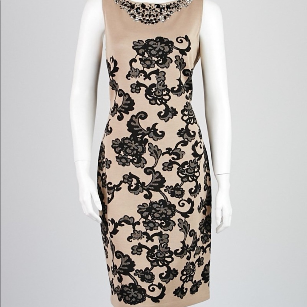 St. John Tan Knit Camel/Caviar Jewel Dress Size Medium